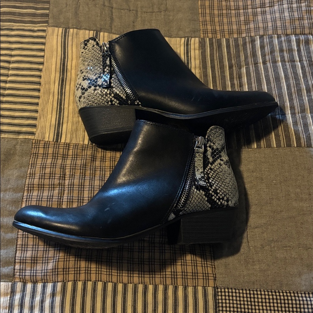 Black Ankle Boots with Snake-Print Heel Panel - Women's - Picture 2 of 5